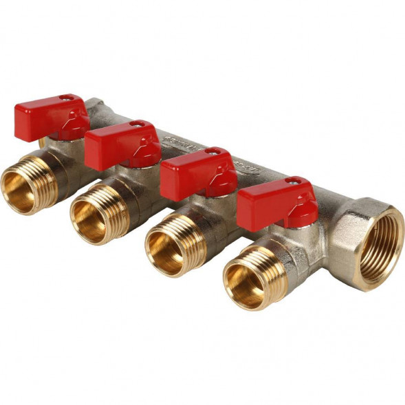 SMB 6200 341204 STOUT Коллектор с шаровыми кранами 3/4 , 4 отвода 1/2  (красные ручки) (620056N0504R4B)