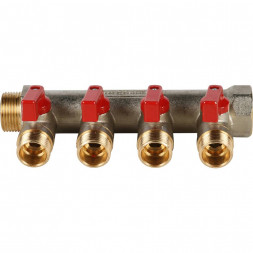 SMB 6200 341204 STOUT Коллектор с шаровыми кранами 3/4 , 4 отвода 1/2  (красные ручки) (620056N0504R4B)