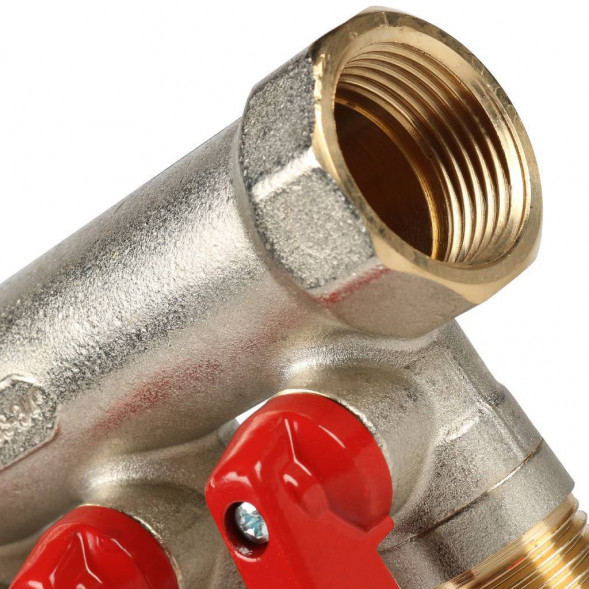 SMB 6200 341204 STOUT Коллектор с шаровыми кранами 3/4 , 4 отвода 1/2  (красные ручки) (620056N0504R4B)