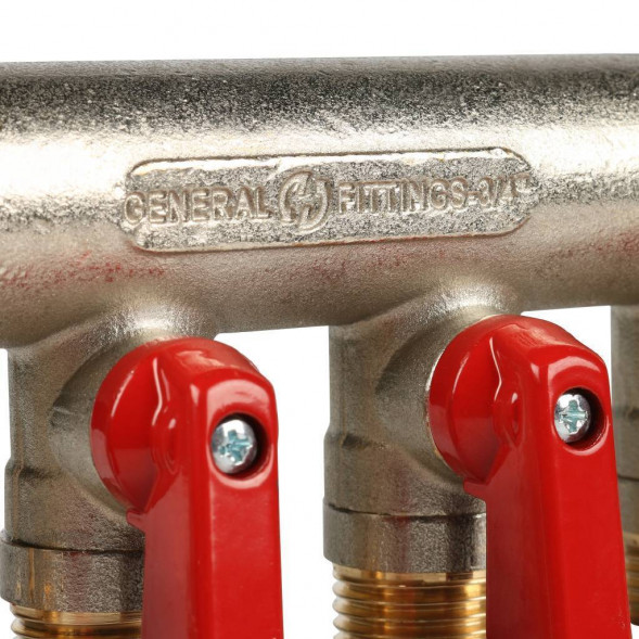 SMB 6200 341204 STOUT Коллектор с шаровыми кранами 3/4 , 4 отвода 1/2  (красные ручки) (620056N0504R4B)