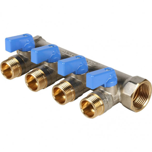 SMB 6201 341204 STOUT Коллектор с шаровыми кранами 3/4 , 4 отвода 1/2  (синие ручки) (620056N0504B4B)