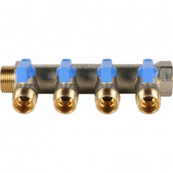 SMB 6201 341204 STOUT Коллектор с шаровыми кранами 3/4 , 4 отвода 1/2  (синие ручки) (620056N0504B4B)