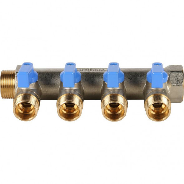 SMB 6201 341204 STOUT Коллектор с шаровыми кранами 3/4 , 4 отвода 1/2  (синие ручки) (620056N0504B4B)
