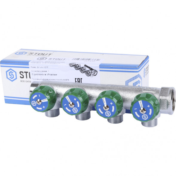 SMB-6849-341204 STOUT Коллектор регулирующий 3/4 , 4 отвода 1/2  плоское уплотнение