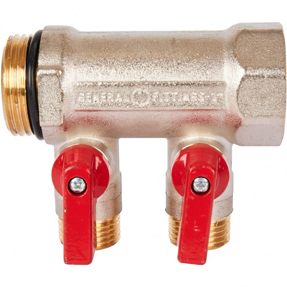 SMB 6210 011202 STOUT Коллектор с шаровыми кранами 1 , 2 отвода 1/2  (красные ручки) (6200R6N1004R2B)