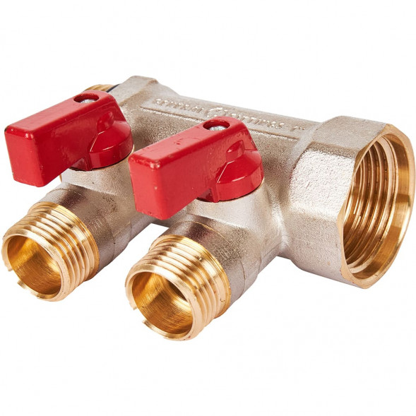 SMB 6210 011202 STOUT Коллектор с шаровыми кранами 1 , 2 отвода 1/2  (красные ручки) (6200R6N1004R2B)