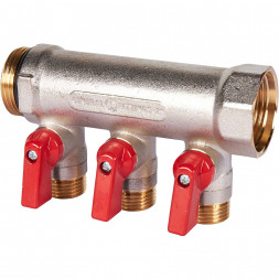 SMB 6210 011203 STOUT Коллектор с шаровыми кранами 1 , 3 отвода 1/2  (красные ручки) (6200R6N1004R3B)