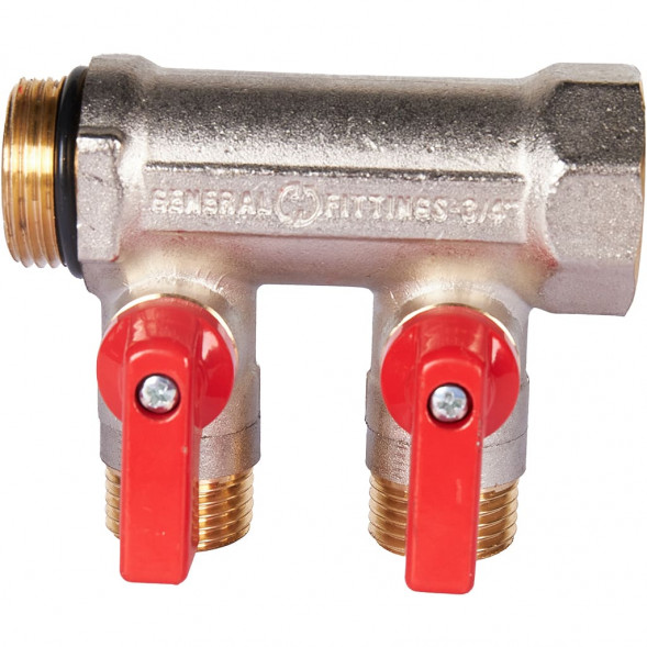 SMB 6210 341202 STOUT Коллектор с шаровыми кранами 3/4 , 2 отвода 1/2  (красные ручки) (6200R6N0504R2B)