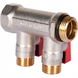 SMB 6210 341202 STOUT Коллектор с шаровыми кранами 3/4 , 2 отвода 1/2  (красные ручки) (6200R6N0504R2B)