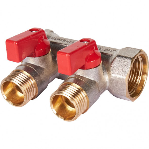SMB 6210 341202 STOUT Коллектор с шаровыми кранами 3/4 , 2 отвода 1/2  (красные ручки) (6200R6N0504R2B)