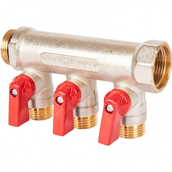 SMB 6210 341203 STOUT Коллектор с шаровыми кранами 3/4 , 3 отвода 1/2  (красные ручки) (6200R6N0504R3B)