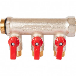 SMB 6210 341203 STOUT Коллектор с шаровыми кранами 3/4 , 3 отвода 1/2  (красные ручки) (6200R6N0504R3B)
