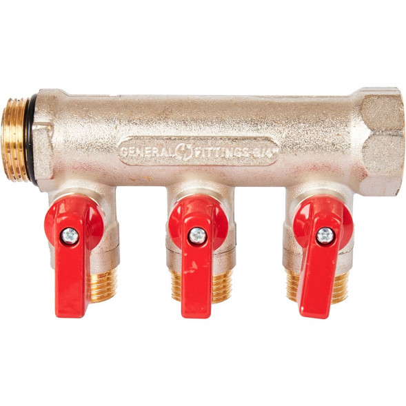 SMB 6210 341203 STOUT Коллектор с шаровыми кранами 3/4 , 3 отвода 1/2  (красные ручки) (6200R6N0504R3B)