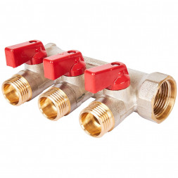 SMB 6210 341203 STOUT Коллектор с шаровыми кранами 3/4 , 3 отвода 1/2  (красные ручки) (6200R6N0504R3B)