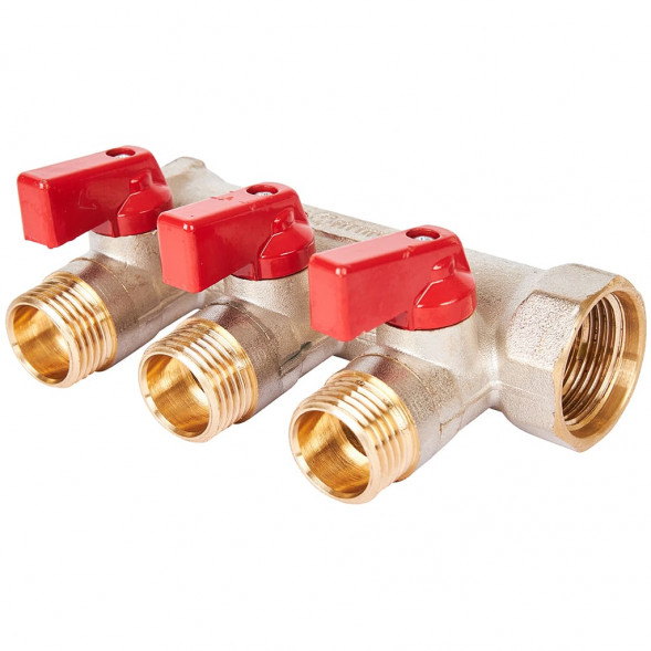 SMB 6210 341203 STOUT Коллектор с шаровыми кранами 3/4 , 3 отвода 1/2  (красные ручки) (6200R6N0504R3B)