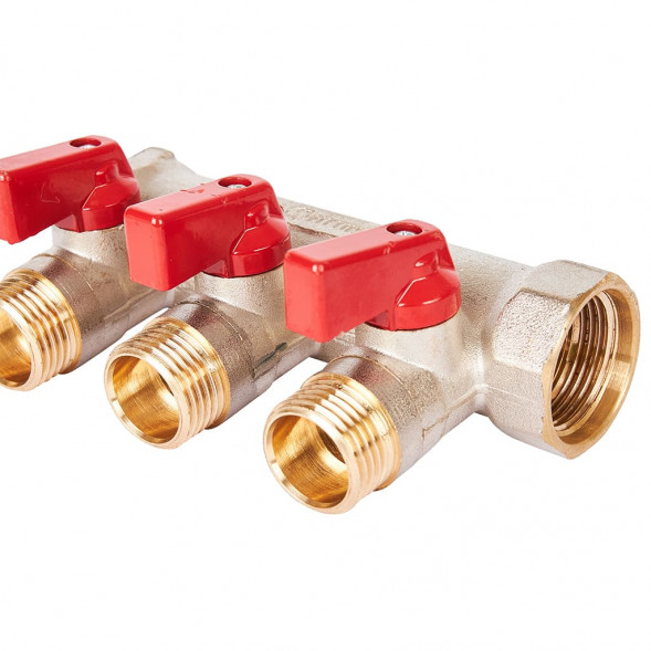 SMB 6210 341203 STOUT Коллектор с шаровыми кранами 3/4 , 3 отвода 1/2  (красные ручки) (6200R6N0504R3B)