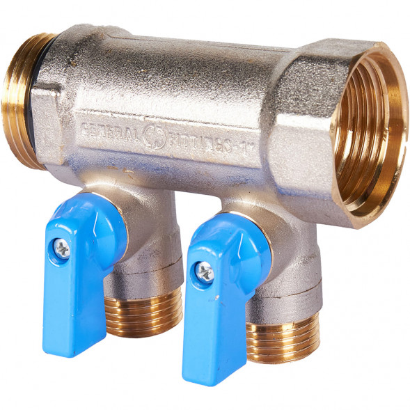 SMB 6211 011202 STOUT Коллектор с шаровыми кранами 1 , 2 отвода 1/2  (синие ручки) (6200R6N1004B2B)