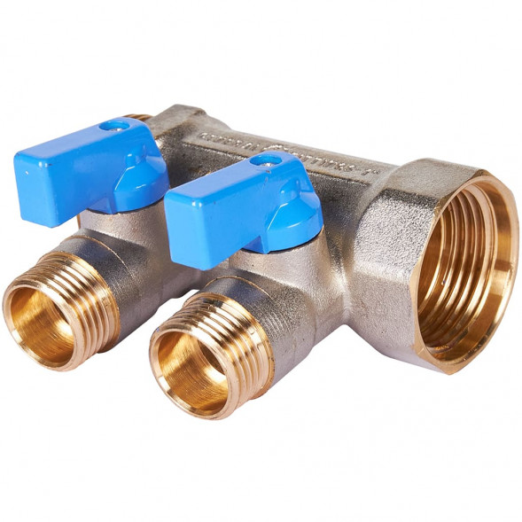 SMB 6211 011202 STOUT Коллектор с шаровыми кранами 1 , 2 отвода 1/2  (синие ручки) (6200R6N1004B2B)