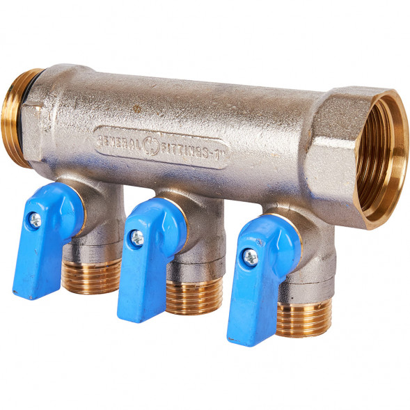 SMB 6211 011203 STOUT Коллектор с шаровыми кранами 1 , 3 отвода 1/2  (синие ручки) (6200R6N1004B3B)