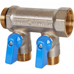 SMB 6211 341202 STOUT Коллектор с шаровыми кранами 3/4 , 2 отвода 1/2  (синие ручки) (6200R6N0504B2B)