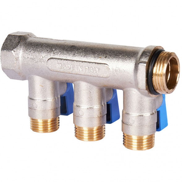 SMB 6211 341203 STOUT Коллектор с шаровыми кранами 3/4 , 3 отвода 1/2  (синие ручки) (6200R6N0504B3B)