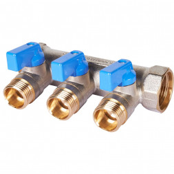 SMB 6211 341203 STOUT Коллектор с шаровыми кранами 3/4 , 3 отвода 1/2  (синие ручки) (6200R6N0504B3B)