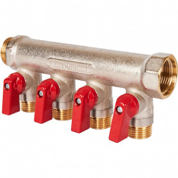 SMB 6210 341204 STOUT Коллектор с шаровыми кранами 3/4 , 4 отвода 1/2  (красные ручки) (6200R6N0504R4B)
