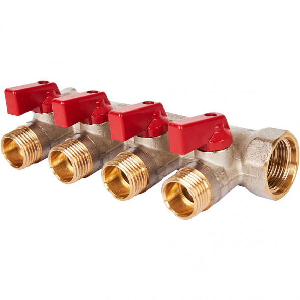 SMB 6210 341204 STOUT Коллектор с шаровыми кранами 3/4 , 4 отвода 1/2  (красные ручки) (6200R6N0504R4B)