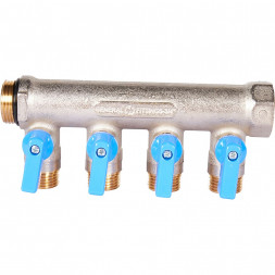 SMB 6211 341204 STOUT Коллектор с шаровыми кранами 3/4 , 4 отвода 1/2  (синие ручки) (6200R6N0504B4B)