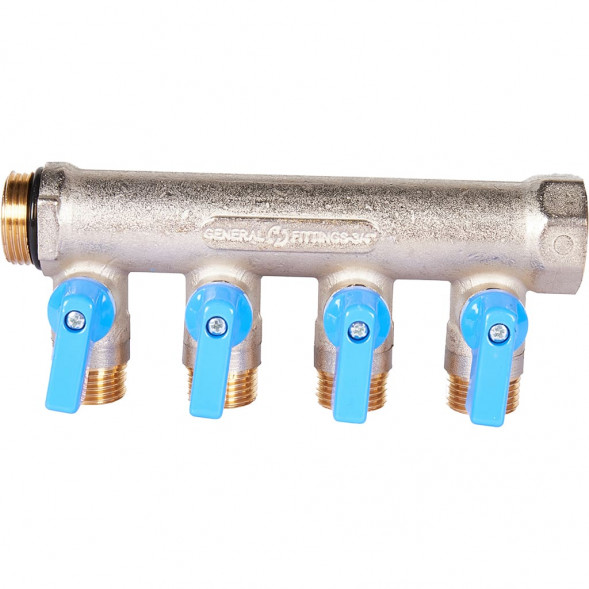 SMB 6211 341204 STOUT Коллектор с шаровыми кранами 3/4 , 4 отвода 1/2  (синие ручки) (6200R6N0504B4B)