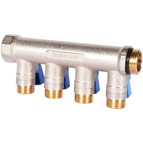 SMB 6211 341204 STOUT Коллектор с шаровыми кранами 3/4 , 4 отвода 1/2  (синие ручки) (6200R6N0504B4B)