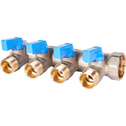 SMB 6211 341204 STOUT Коллектор с шаровыми кранами 3/4 , 4 отвода 1/2  (синие ручки) (6200R6N0504B4B)