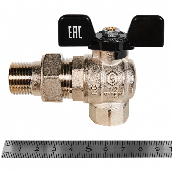 Кран шаровой полнопроходной угловой с американкой STOUT ВР/НР ручка бабочка 1/2