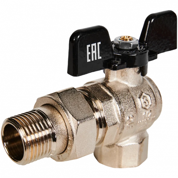 Кран шаровой полнопроходной угловой с американкой STOUT ВР/НР ручка бабочка 1/2