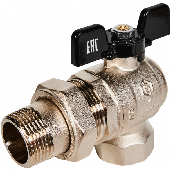 Кран шаровой полнопроходной угловой с американкой STOUT ВР/НР ручка бабочка 1