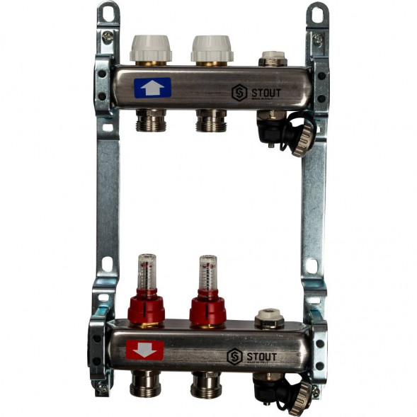 SMS-0927-000002 STOUT Коллектор из нержавеющей стали с расходомерами, с клапаном вып. воздуха и сливом 2 вых.