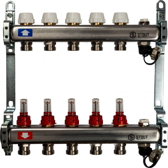 SMS-0927-000005 STOUT Коллектор из нержавеющей стали с расходомерами, с клапаном вып. воздуха и сливом 5 вых.