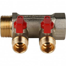 SMB 6200 011202 STOUT Коллектор с шаровыми кранами 1 , 2 отвода 1/2  (красные ручки) (620056N1004R2B)