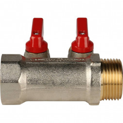 SMB 6200 011202 STOUT Коллектор с шаровыми кранами 1 , 2 отвода 1/2  (красные ручки) (620056N1004R2B)