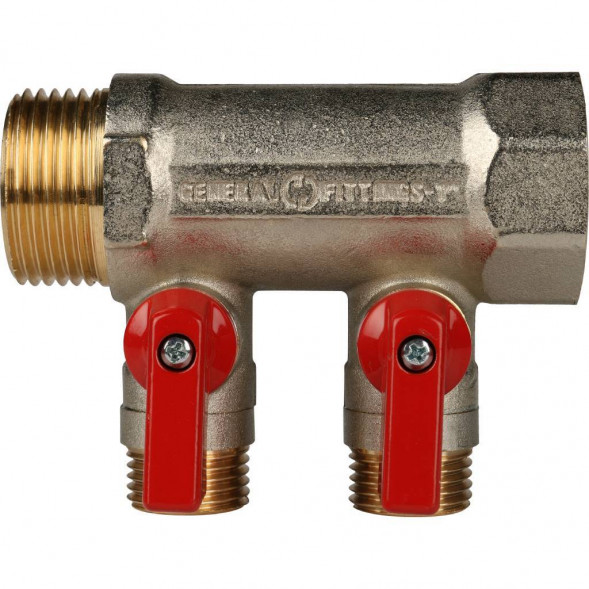 SMB 6200 011202 STOUT Коллектор с шаровыми кранами 1 , 2 отвода 1/2  (красные ручки) (620056N1004R2B)