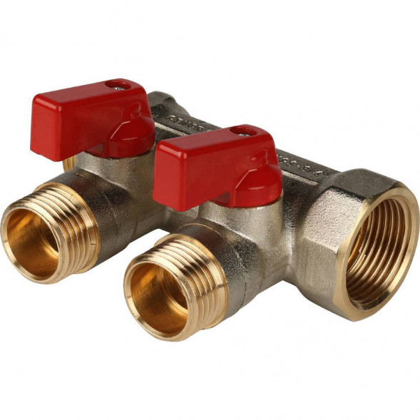 SMB 6200 341202 STOUT Коллектор с шаровыми кранами 3/4 , 2 отвода 1/2  (красные ручки) (620056N0504R2B)