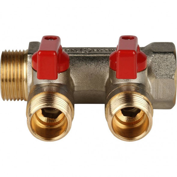 SMB 6200 341202 STOUT Коллектор с шаровыми кранами 3/4 , 2 отвода 1/2  (красные ручки) (620056N0504R2B)