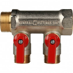 SMB 6200 341202 STOUT Коллектор с шаровыми кранами 3/4 , 2 отвода 1/2  (красные ручки) (620056N0504R2B)