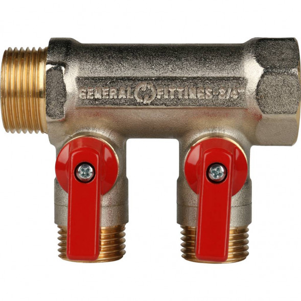 SMB 6200 341202 STOUT Коллектор с шаровыми кранами 3/4 , 2 отвода 1/2  (красные ручки) (620056N0504R2B)