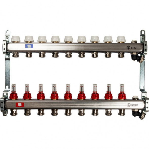 SMS-0927-000009 STOUT Коллектор из нержавеющей стали с расходомерами, с клапаном вып. воздуха и сливом 9 вых.