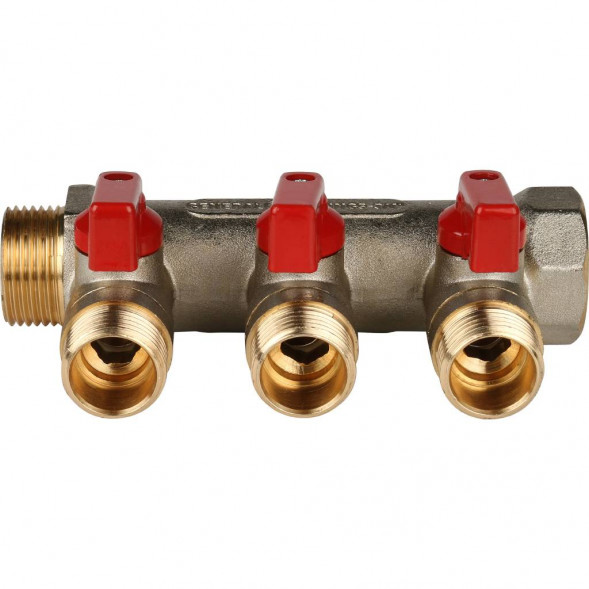 SMB 6200 341203 STOUT Коллектор с шаровыми кранами 3/4 , 3 отвода 1/2  (красные ручки) (620056N0504R3B)