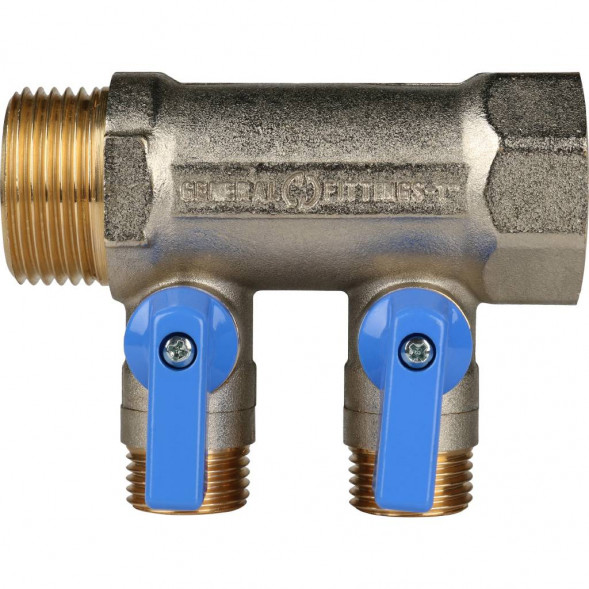 SMB 6201 011202 STOUT Коллектор с шаровыми кранами 1 , 2 отвода 1/2  (синие ручки) (620056N1004B2B)