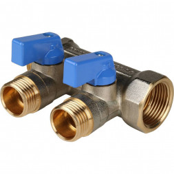 SMB 6201 341202 STOUT Коллектор с шаровыми кранами 3/4 , 2 отвода 1/2  (синие ручки) (620056N0504B2B)