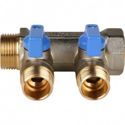 SMB 6201 341202 STOUT Коллектор с шаровыми кранами 3/4 , 2 отвода 1/2  (синие ручки) (620056N0504B2B)