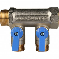 SMB 6201 341202 STOUT Коллектор с шаровыми кранами 3/4 , 2 отвода 1/2  (синие ручки) (620056N0504B2B)